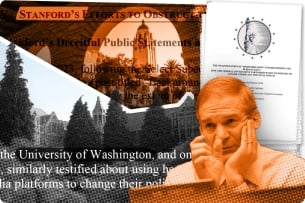 A photo illustration including a photograph of Jim Jordan, the U.S. House Judiciary Committee chairman, the front page of a recent interim staff report from his committee and partial quotes from the report.